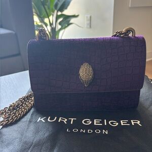 Rare Kurt Geiger London Shoreditch Velvet Croc Bag – Deep Purple & Gold Accents